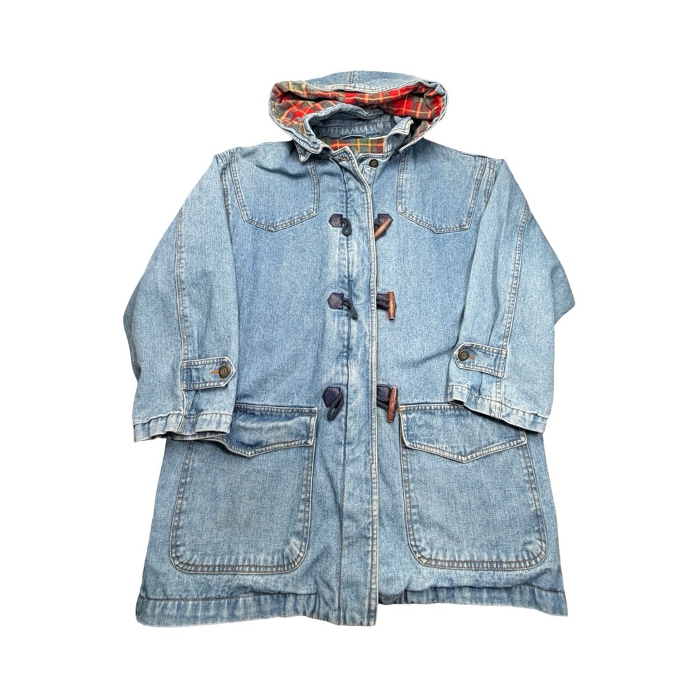 Rainbow West Duffle Coat Womens M Blue Denim Plaid Lined Hooded Toggle Jacket